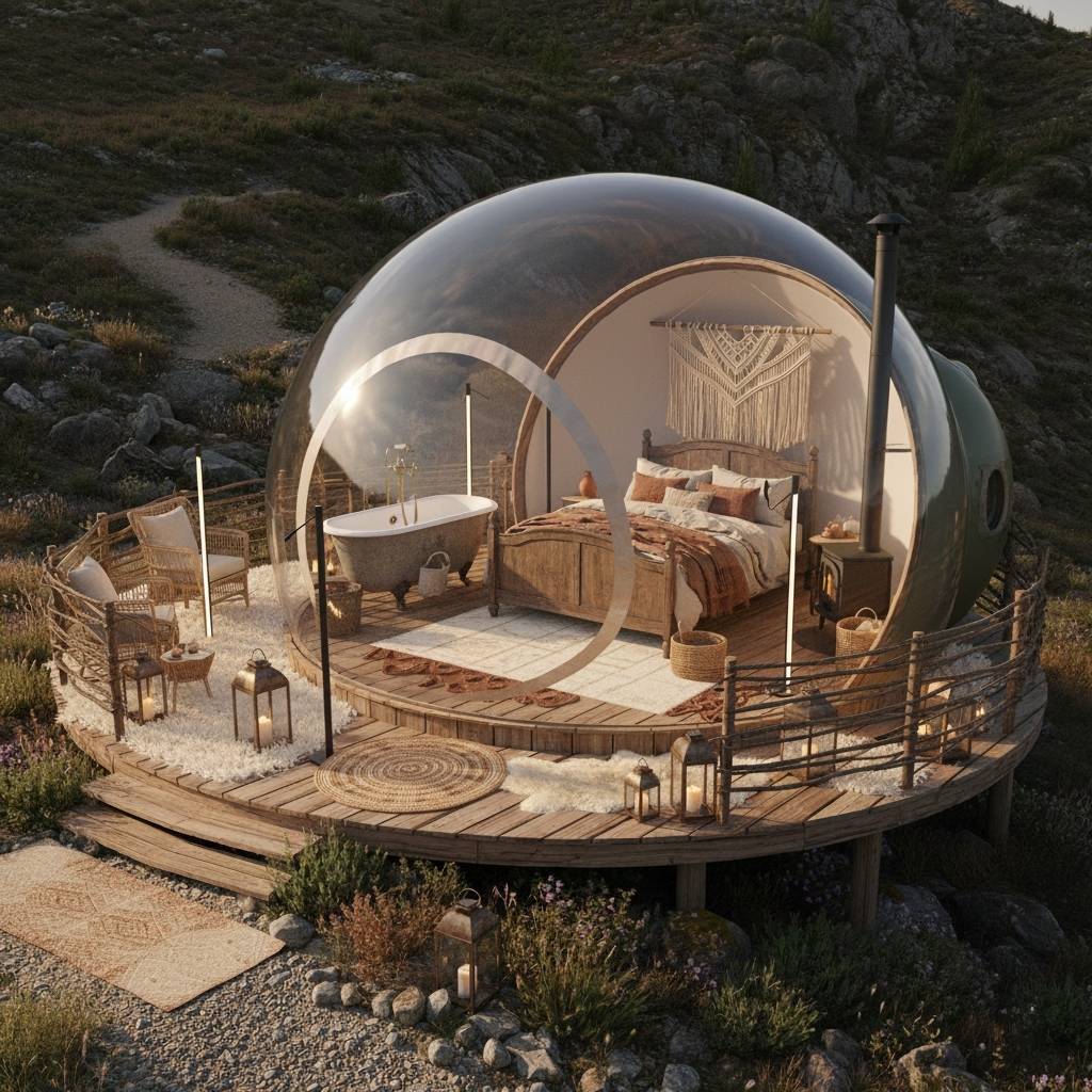 Hébergement insolite en bulle transparente avec décoration bohème chic et terrasse en bois vers Saint-Florent en Corse