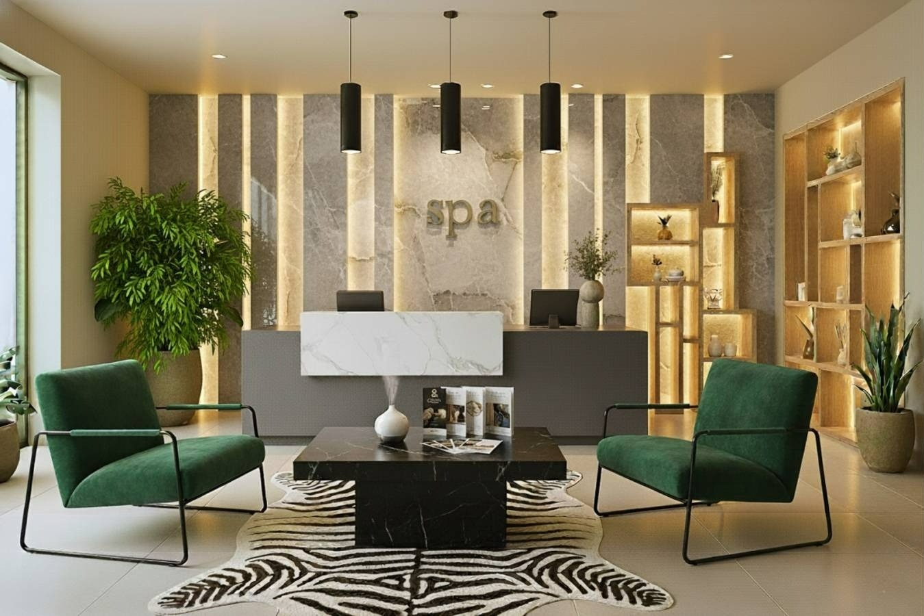 Décoration intérieure d’un spa à Calvi avec mobilier sur mesure fabriqué en France.