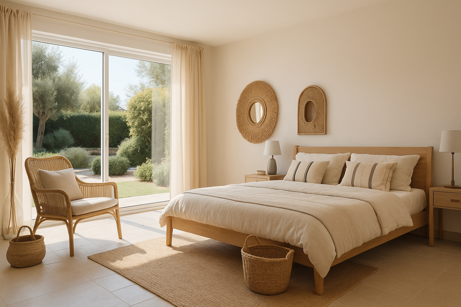 Chambre lumineuse à Porto-Vecchio avec lit double et décoration épurée, offrant une ambiance relaxante et moderne.