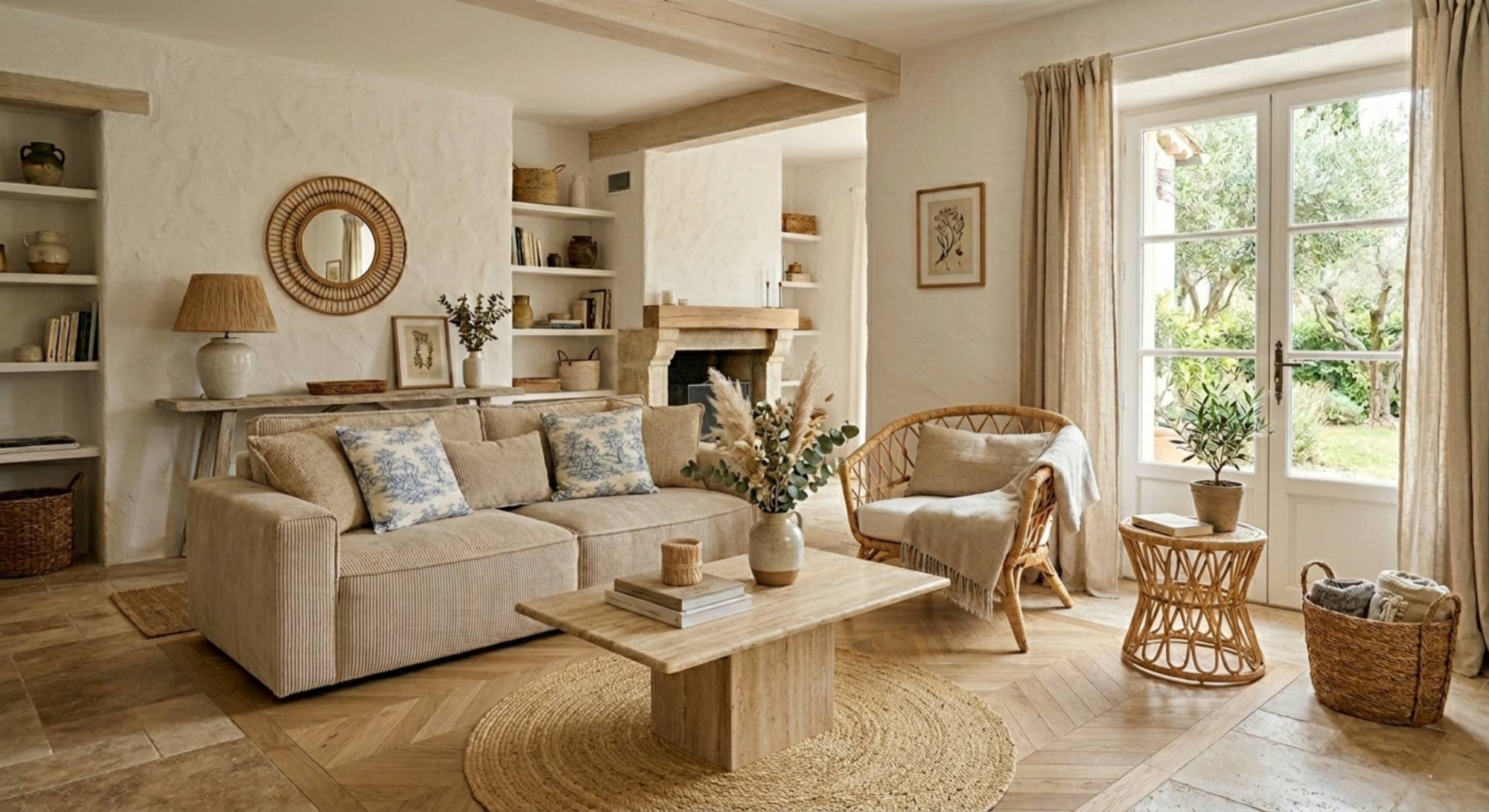 Salon moderne bohème, matière rotin, travertin, Canapé bobochic