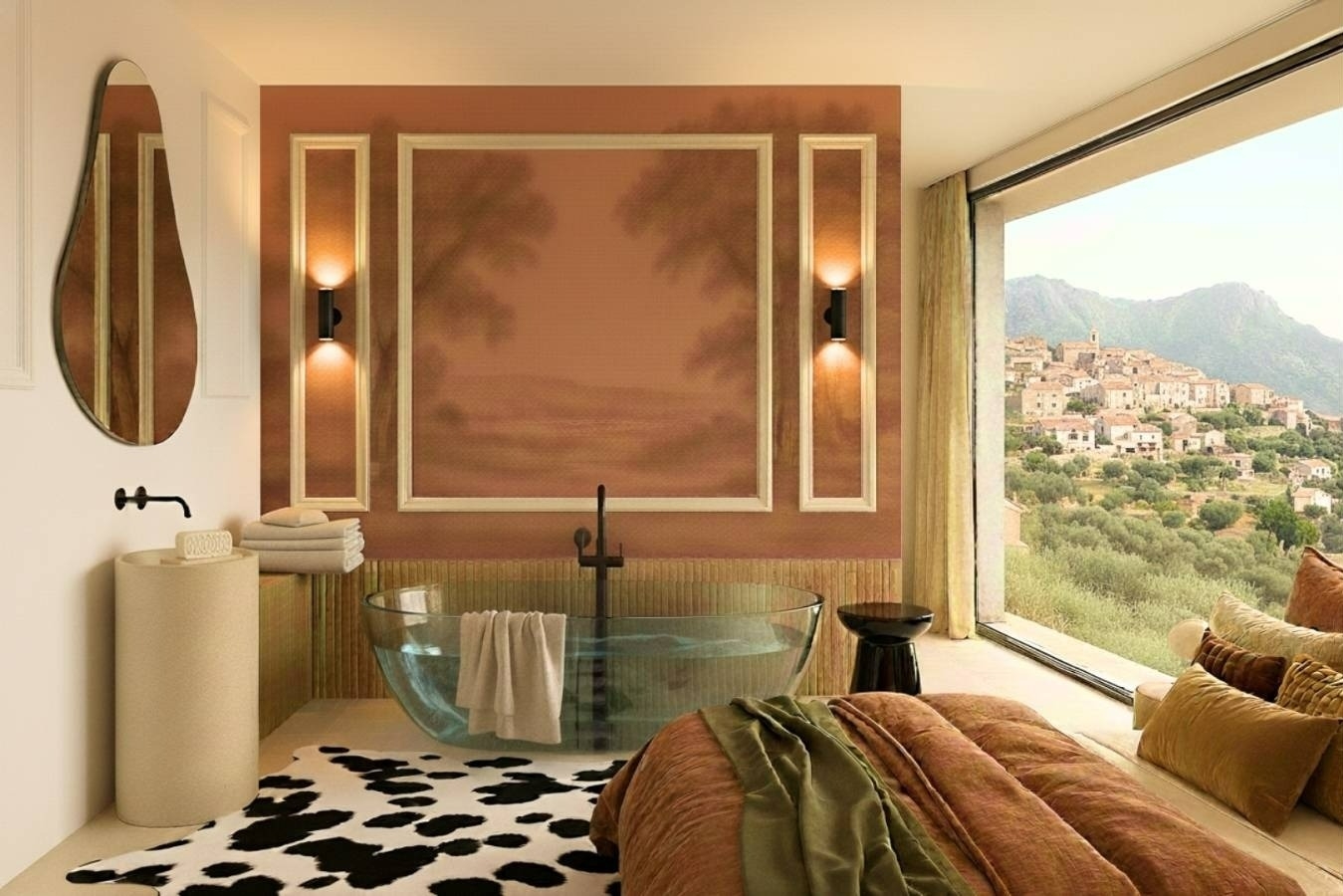 Salle de bain ouverte sur chambre avec grande baie vitrée offrant une vue panoramique sur Propriano en Corse, design moderne et haut de gamme.