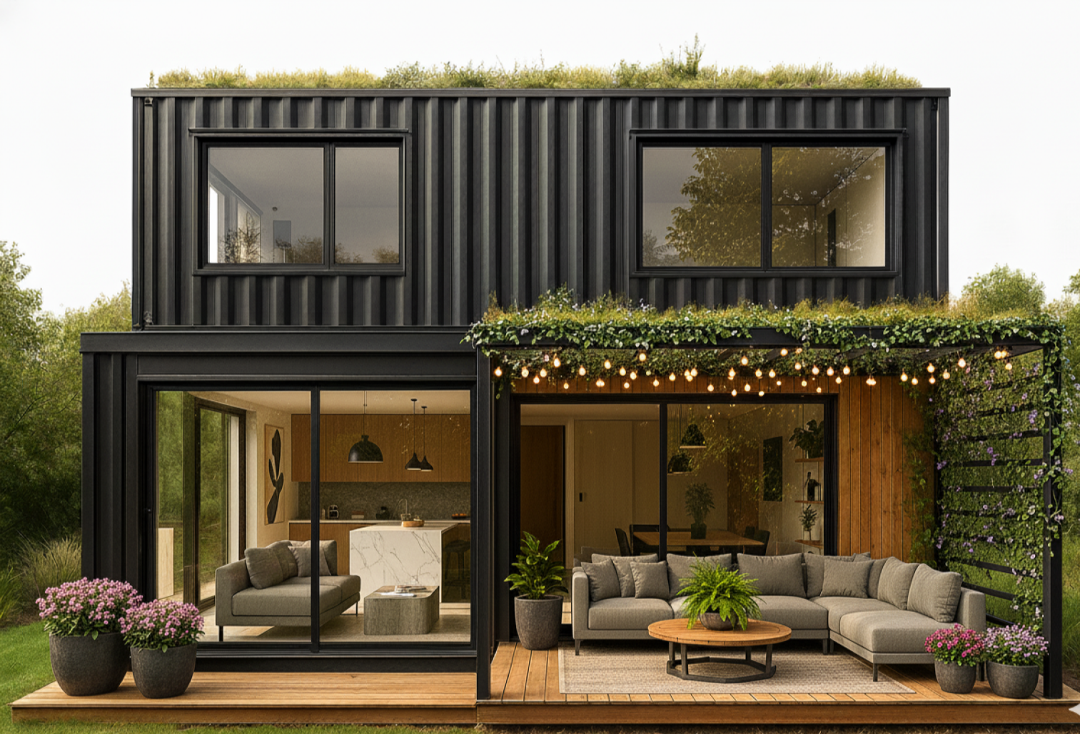  Villa container industrielle chic avec terrasse bois et grandes ouvertures