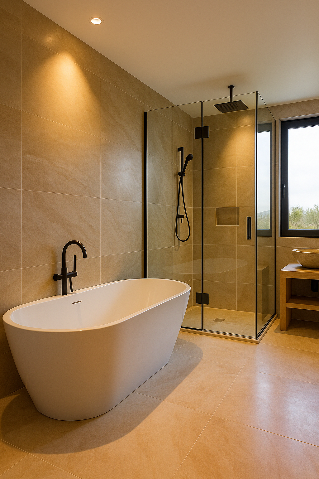 Salle de bain moderne et lumineuse avec baignoire îlot, douche à l'italienne et décoration épurée, parfaite pour un intérieur contemporain.
