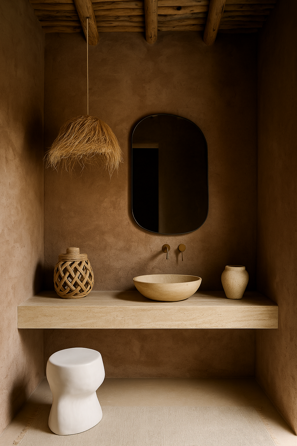 Salle de bain ornée de finitions en béton ciré et de produits artisanaux.