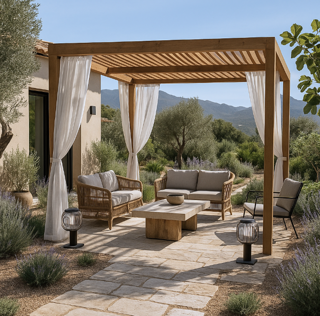  Jardin à Saint-Florent aménagé avec oliviers, salon extérieur et pergola en bois naturel dans une ambiance méditerranéenne.