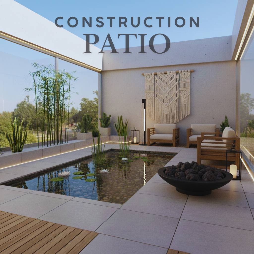Patio moderne construit à Sarrola-Carcopino près d’Ajaccio avec bassin, plantes méditerranéennes et mobilier extérieur design
