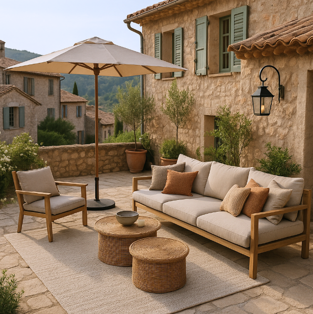 Terrasse en bois clair avec salon extérieur et lanternes, intégrée à un jardin provençal dans l’arrière-pays niçois.