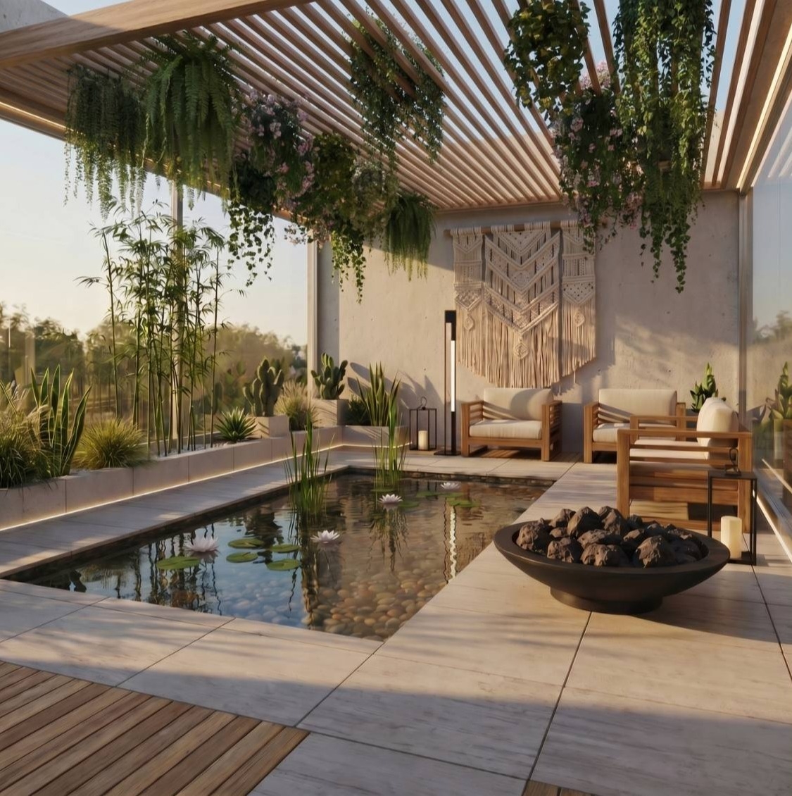 Patio moderne construit à Sarrola-Carcopino près d’Ajaccio avec bassin, plantes méditerranéennes et mobilier extérieur design