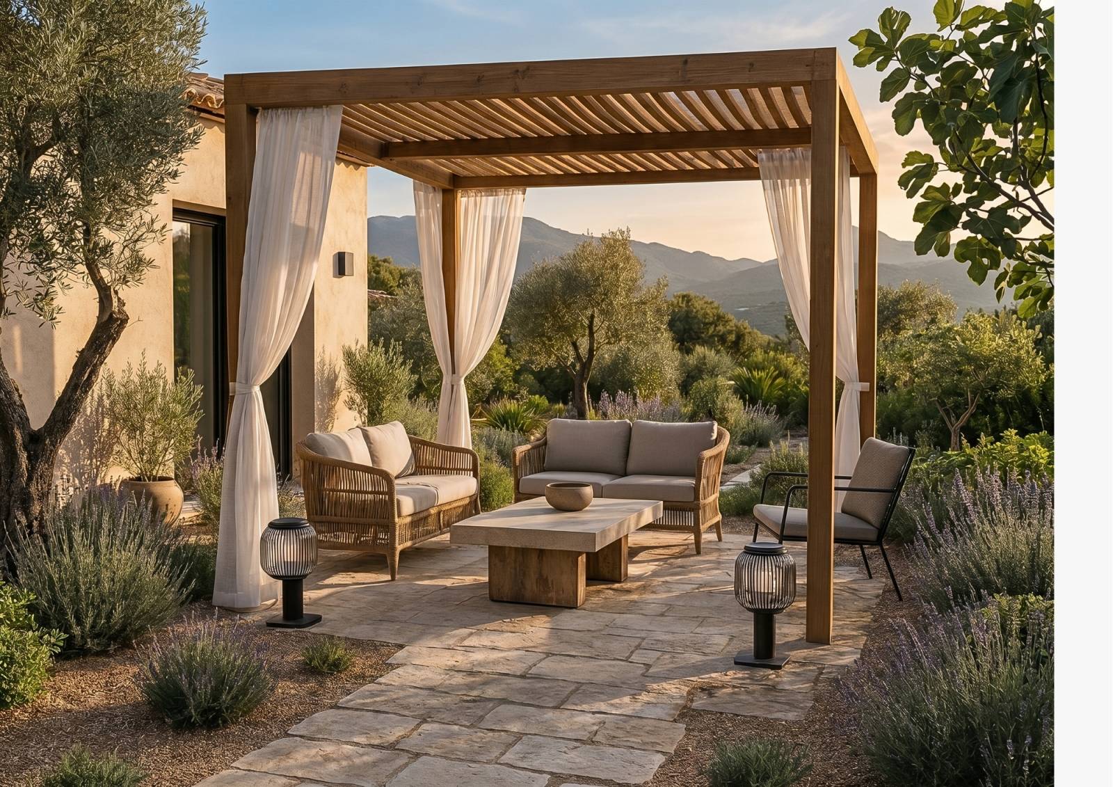  Jardin à Saint-Florent aménagé avec oliviers, salon extérieur et pergola en bois naturel dans une ambiance méditerranéenne.