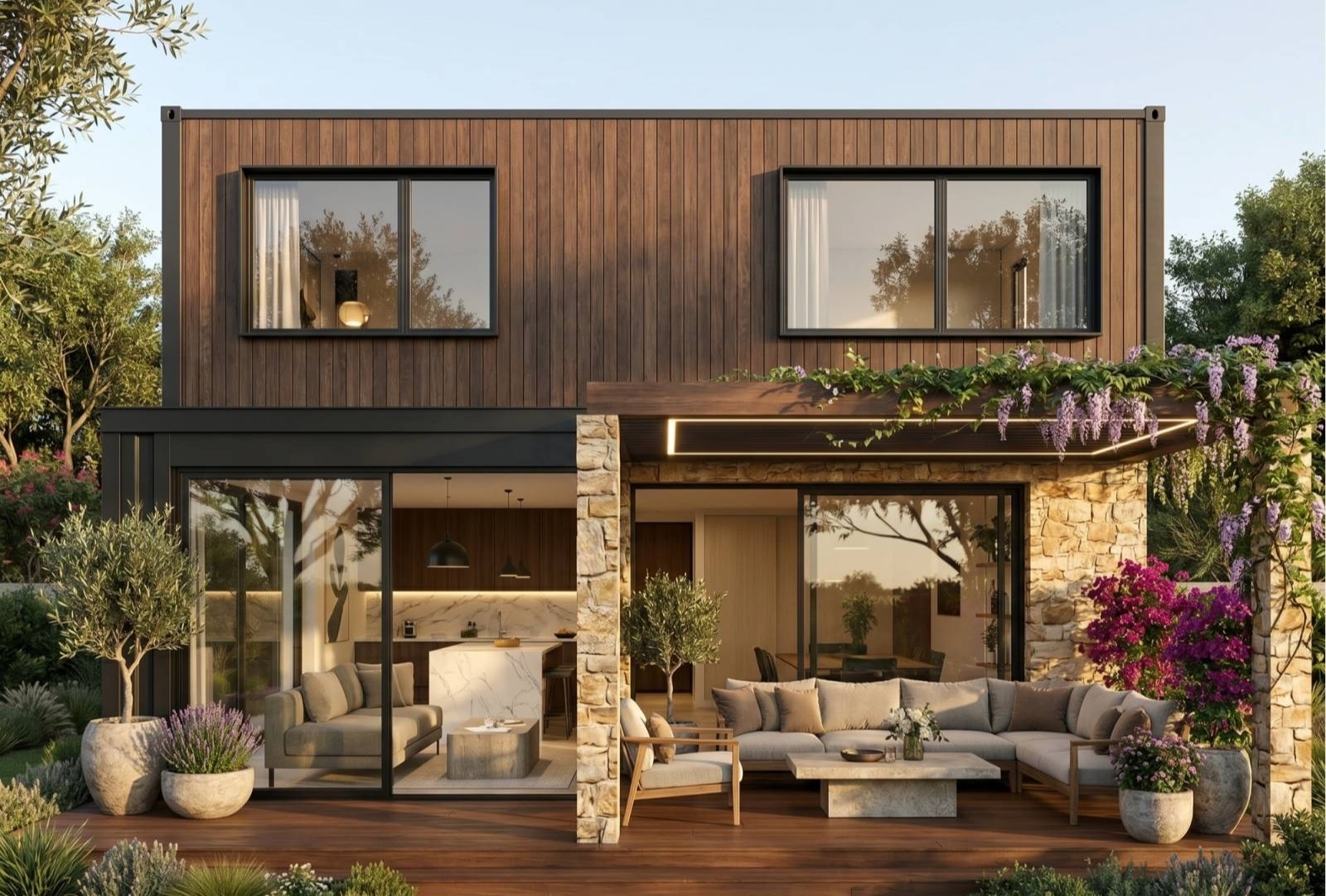  Villa container industrielle chic avec terrasse bois et grandes ouvertures