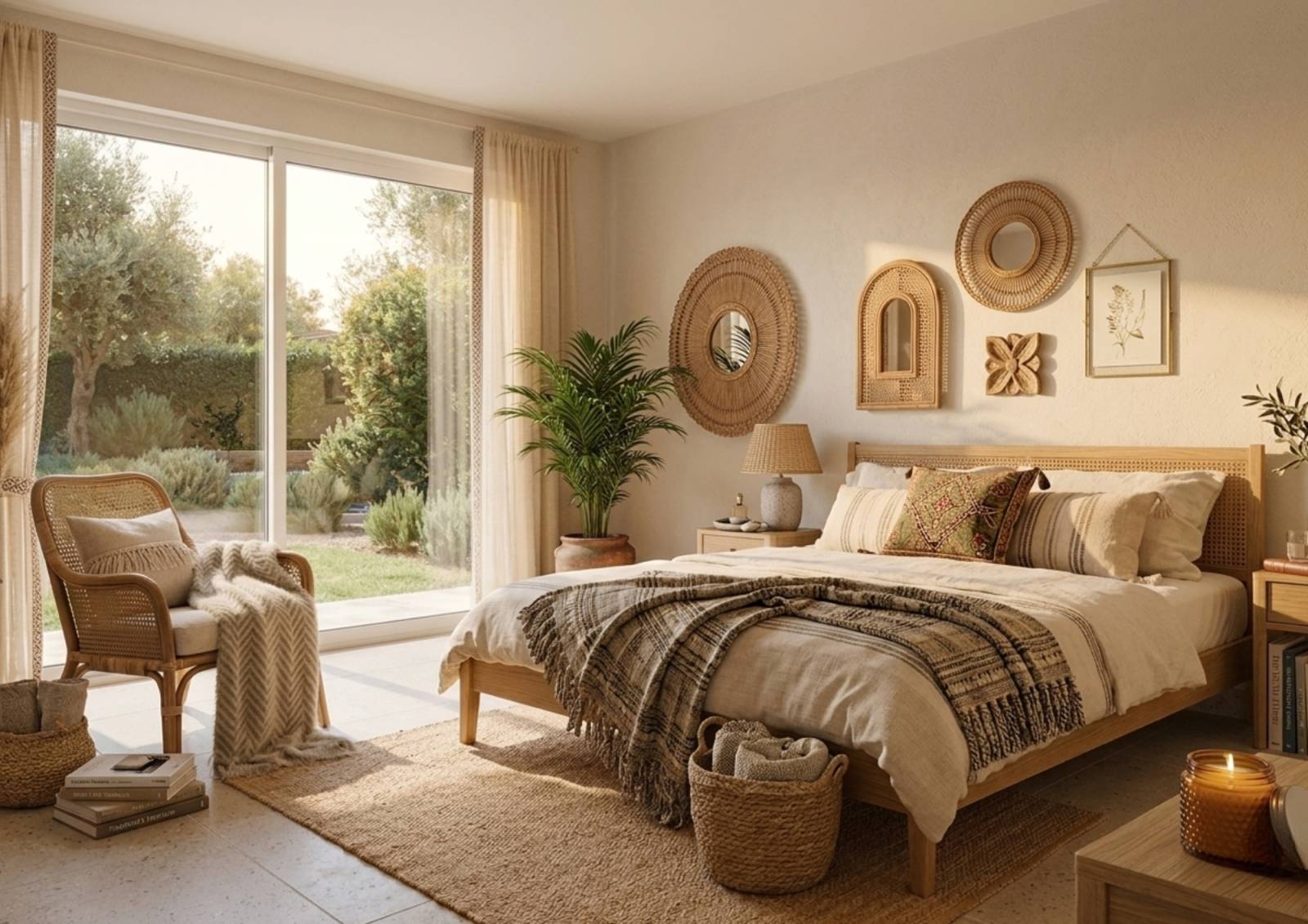 Chambre lumineuse à Porto-Vecchio avec lit double et décoration épurée, offrant une ambiance relaxante et moderne.