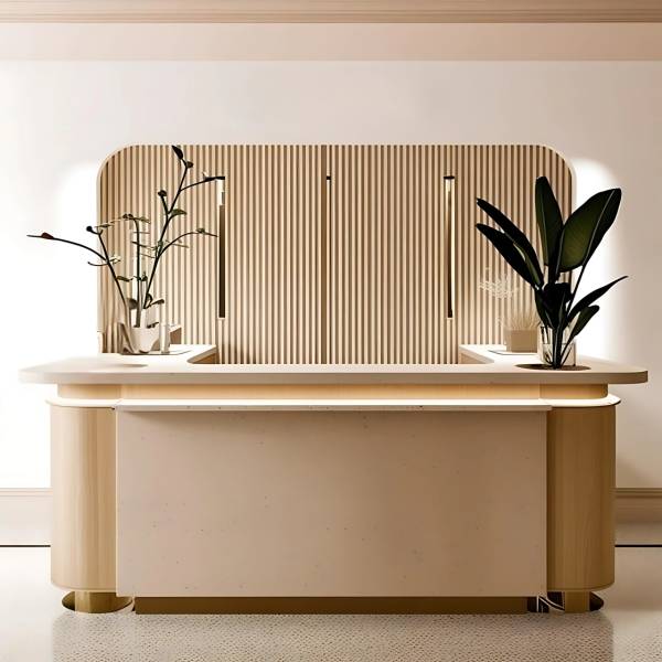 Banque d'accueil minimaliste et raffinée pour les réservations dans un restaurant du Vieux Nice, offrant un espace élégant et convivial.