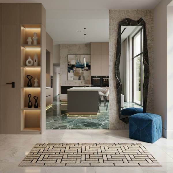 Aménagement salon moderne en Haute-Corse avec mobilier sur mesure et décoration chaleureuse par La Maison By L