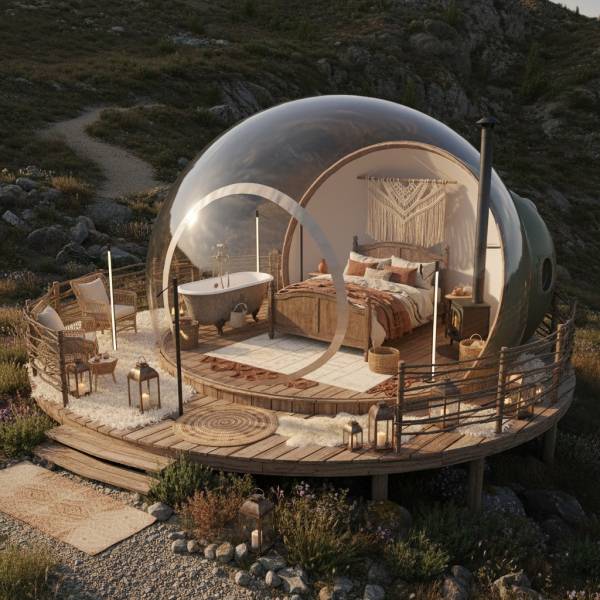 Hébergement insolite en bulle transparente avec décoration bohème chic et terrasse en bois vers Saint-Florent en Corse