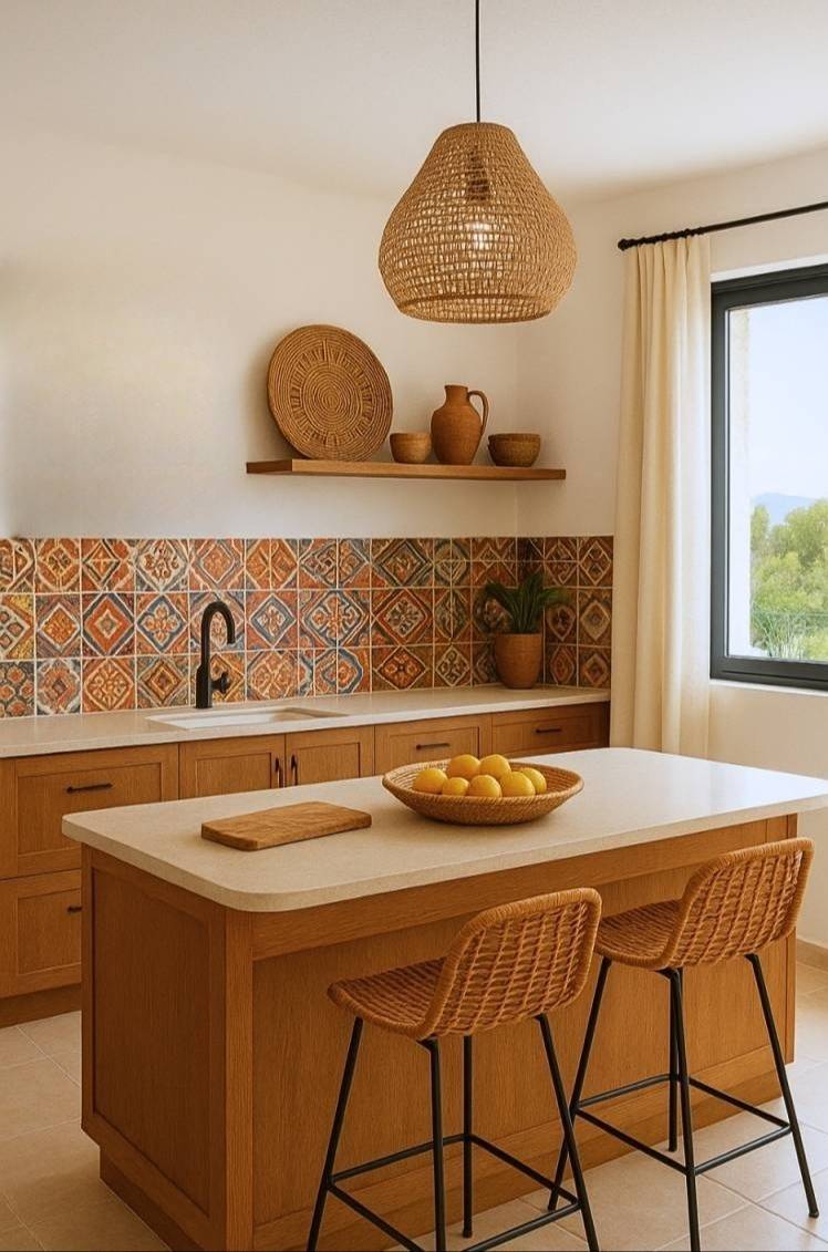 Découvrez une cuisine ethnique chic avec îlot en rotin : déco africaine épurée, chaleureuse et colorée, alliant artisanat et élégance contemporaine.