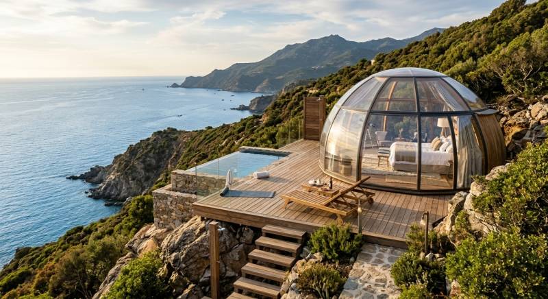 Dôme géodésique transparent de glamping luxe sur une terrasse en bois avec piscine privée, surplombant la côte méditerranéenne en Corse.