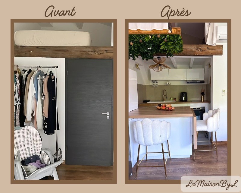 Vue d’ensemble du studio rénové avec mezzanine à Lucciana par LaMaisonByL