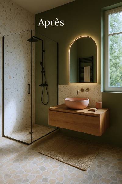 Vue en contre-plongée d’une salle d’eau avec belle hauteur sous plafond à L’Île-Rousse