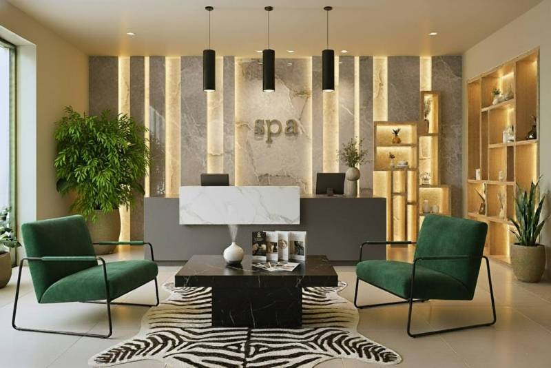 Décoration intérieure d’un spa à Calvi avec mobilier sur mesure fabriqué en France.