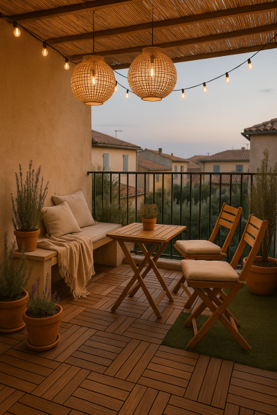 Inspirez-vous d’un balcon méditerranéen dans les Bouches-du-Rhône avec mobilier en bois, dalles et gazon synthétique, sublimé par des lampions pour une ambiance chaleureuse.