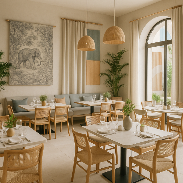 Aménagement intérieur signé LaMaisonByL avec murs en béton ciré, suspensions rotin et ambiance naturelle