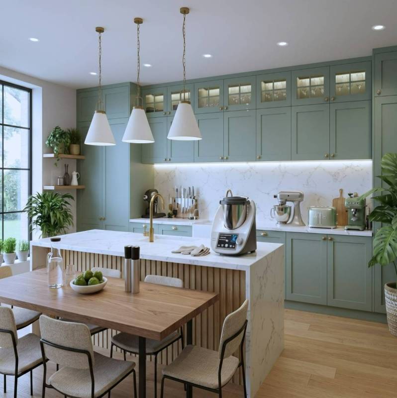 Cuisine conviviale en bois clair avec îlot central, table à manger en bois, électroménagers encastrés, éclairage doux et plantes vertes apportant une touche naturelle.