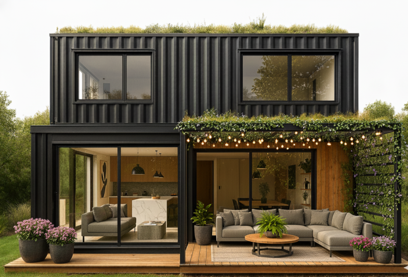  Villa container industrielle chic avec terrasse bois et grandes ouvertures