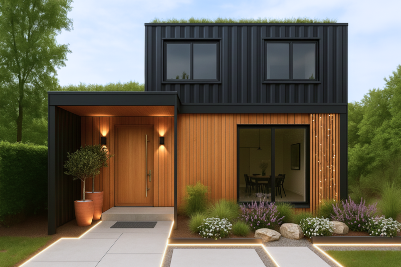 Façade moderne d’une villa container avec design industriel et portail effet corten