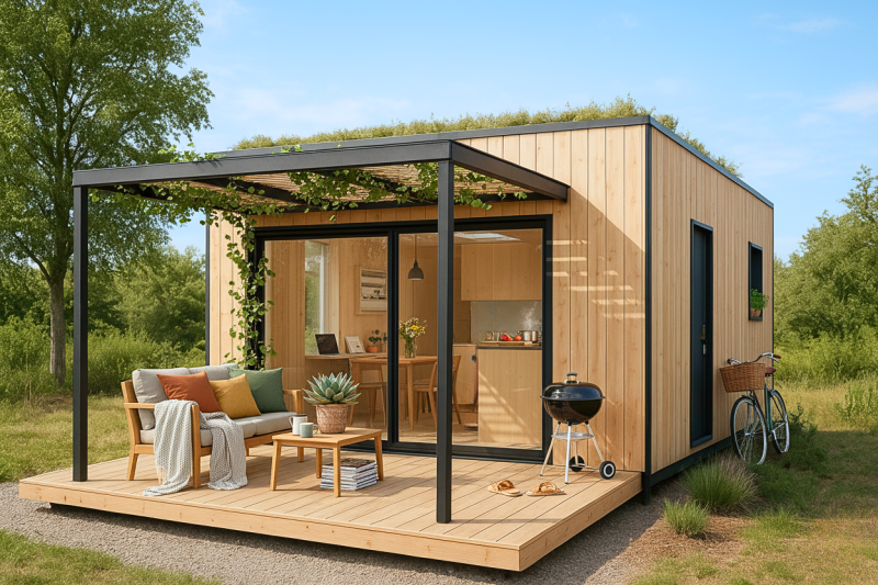 Petite maison de vacances en containers avec pergola et terrasse bois