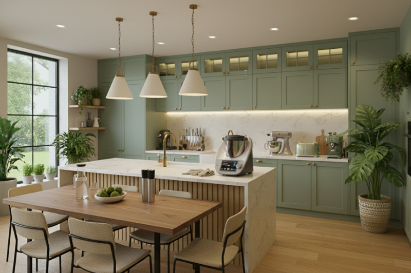 Cuisine conviviale en bois clair avec îlot central, table à manger en bois, électroménagers encastrés, éclairage doux et plantes vertes apportant une touche naturelle.