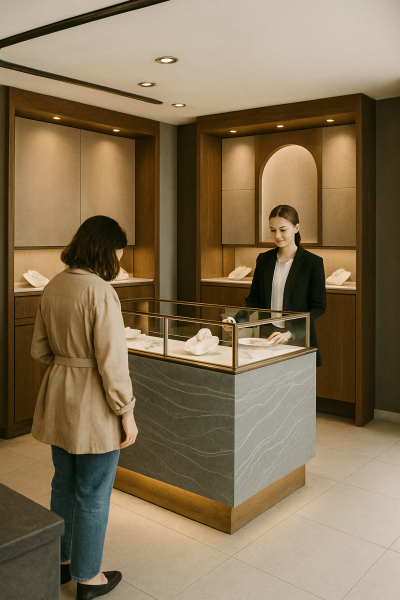 Intérieur moderne de bijouterie de luxe avec comptoir en marbre gris et éclairage élégant, Marseille