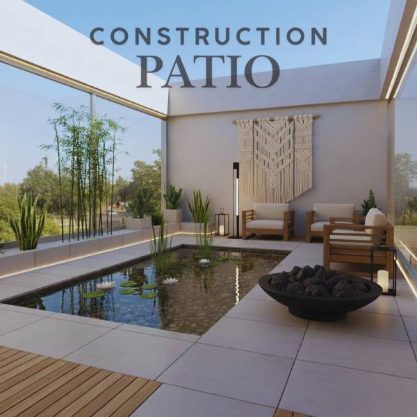 Patio moderne construit à Sarrola-Carcopino près d’Ajaccio avec bassin, plantes méditerranéennes et mobilier extérieur design