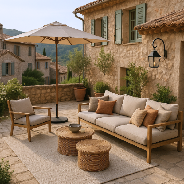 Terrasse en bois clair avec salon extérieur et lanternes, intégrée à un jardin provençal dans l’arrière-pays niçois.