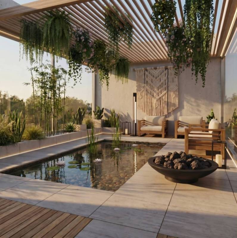 Patio moderne construit à Sarrola-Carcopino près d’Ajaccio avec bassin, plantes méditerranéennes et mobilier extérieur design
