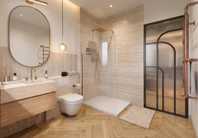 Salle de bain en travertin réalisée lors d'une rénovation de maison en Haute-Corse