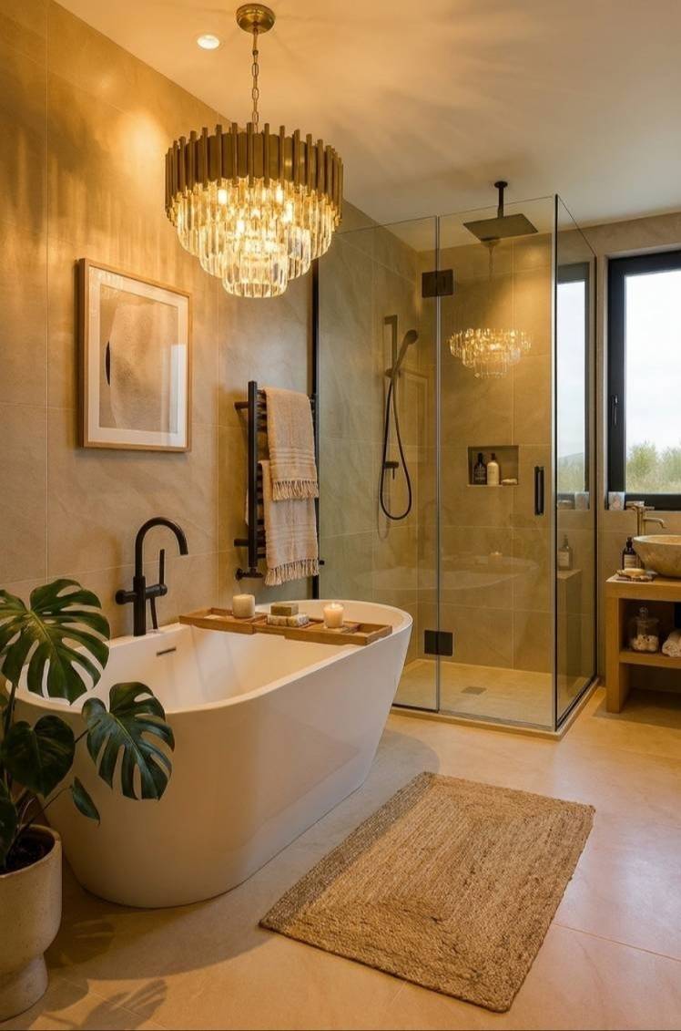 Salle de bain moderne et lumineuse avec baignoire îlot, douche à l'italienne et décoration épurée, parfaite pour un intérieur contemporain.
