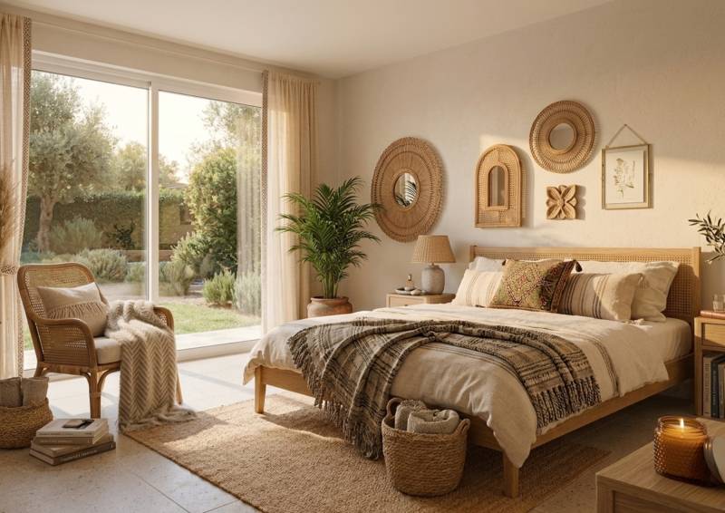 Chambre lumineuse à Porto-Vecchio avec lit double et décoration épurée, offrant une ambiance relaxante et moderne.