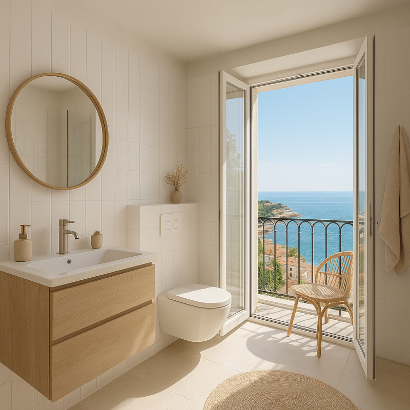 Salle de bain rénovée style scandinave avec meuble en bois clair, douche moderne et balcon offrant une vue panoramique sur la Méditerranée à Menton.